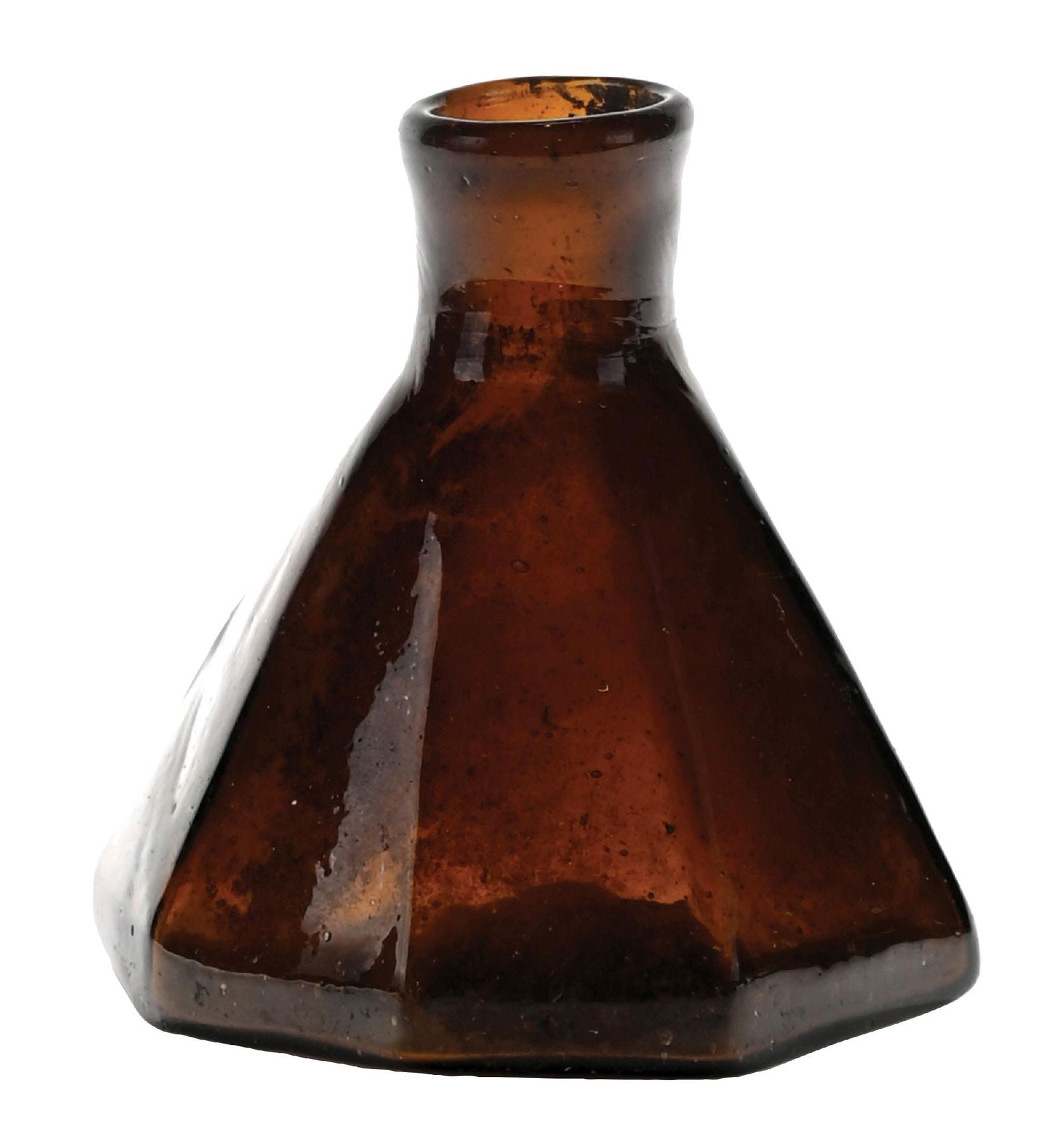 PONTILED 8-SIDED UMBRELLA AMBER INK BOTTLE: Amber eight-sided umbrella ink bottle with no embossing. Bottle features a rolled lip and presents beautifully. There are a few minuscule scuffs around the base. Condition: (9.0). Dimensions: 2 - 1/4"