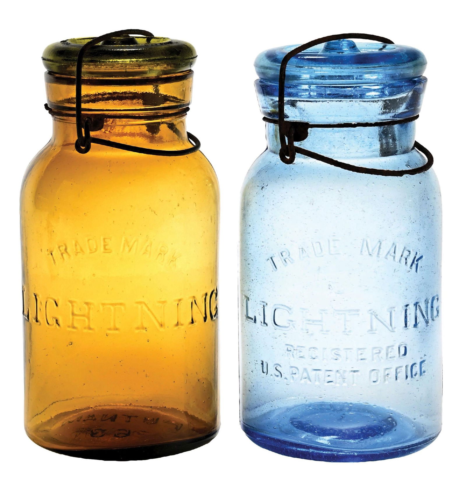 LOT OF 2: GOLDEN YELLOW & BLUE PUTHAM LIGHTNING MASON JARS (1 of 6)