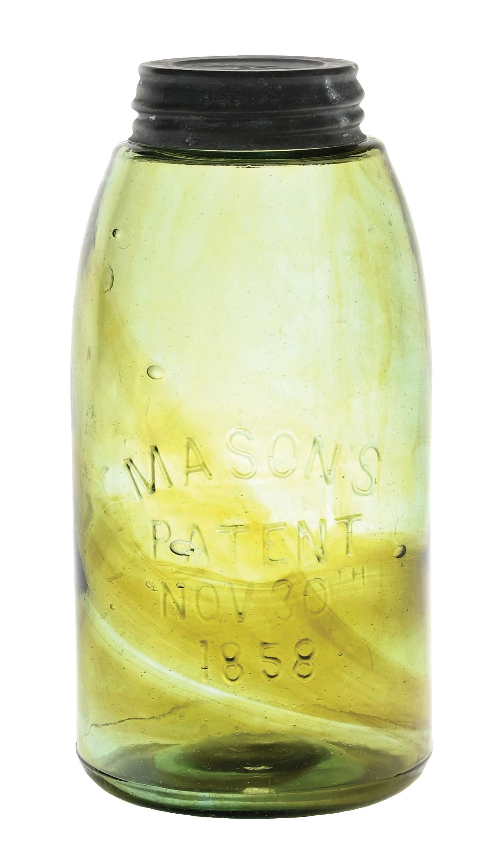 MASONS PATENT NOV. 1858 EMBOSSED GREEN JAR W/ LID (1 of 5)