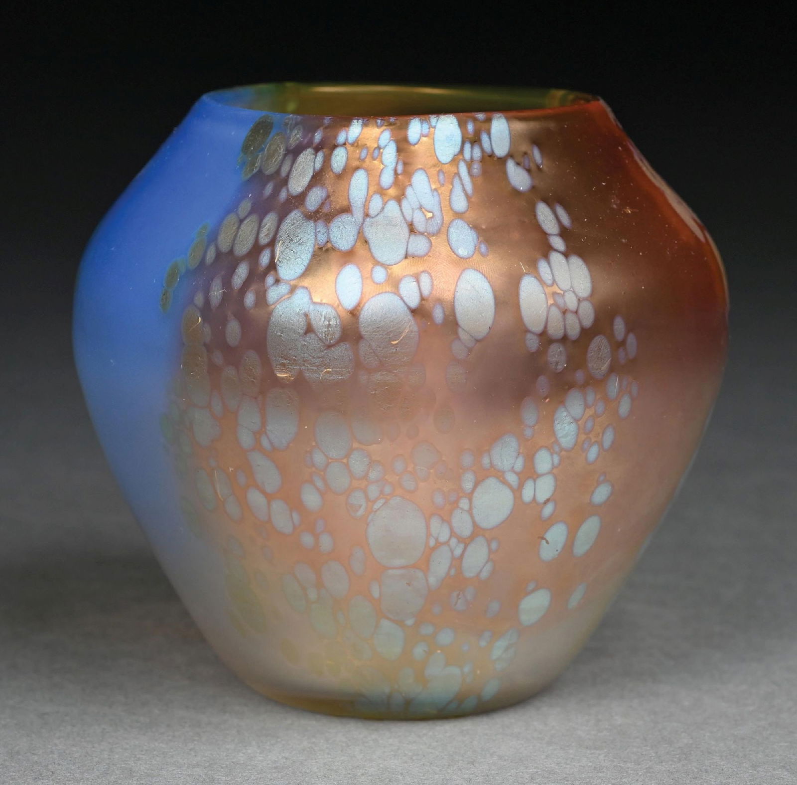 LOETZ PINK, GOLD, SILVER/BLUE MEDICI CABINET VASE: Austria, c. 1902. Signed "Loetz Austria" on pontil. Condition: (Mint). Dimensions: 4 - 1/4" H