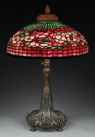 TIFFANY STUDIOS BANDED DOGWOOD LEADED GLASS TABLE LAMP
