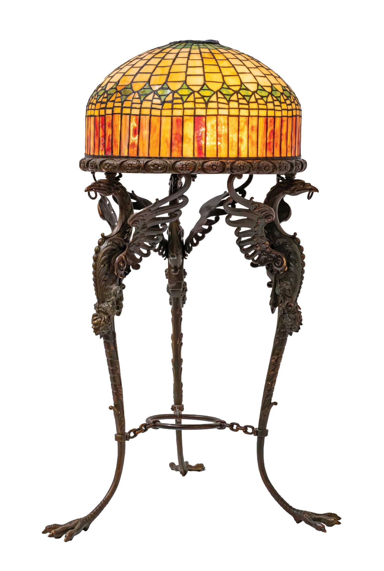 BRONZE TRIPOD FLOOR LAMP WITH LEADED GLASS SHADE ATTRIBUTED TO TIFFANY STUDIOS (1 of 12)