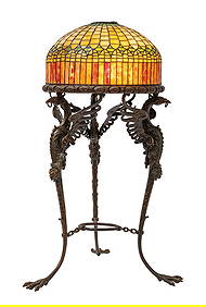 BRONZE TRIPOD FLOOR LAMP WITH LEADED GLASS SHADE ATTRIBUTED TO TIFFANY STUDIOS (1 of 12)