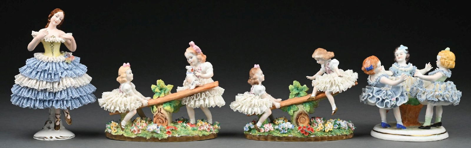 LOT OF 4: SITZENDORF AND MULLER VOLKSTEDT IRISH DRESDEN LACE CHILDREN AT PLAY PORCELAIN FIGURINES. (1 of 6)