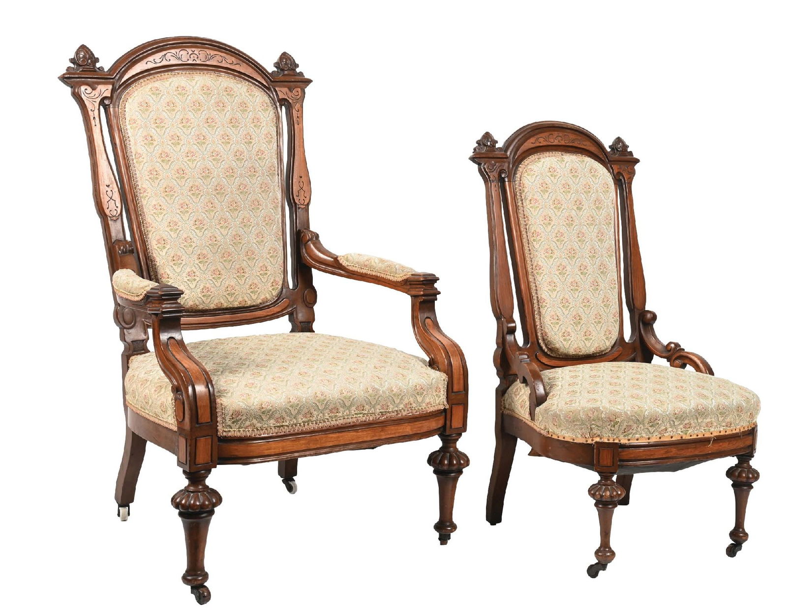 LOT OF 2: VICTORIAN CARVED WOOD HIS & HER SLIPPER CHAIRS (1 of 4)