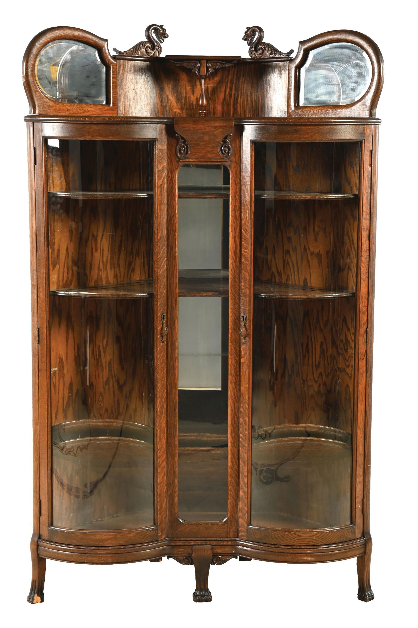 QUARTERED OAK AMERICAN CORNER CHINA CABINET WITH SWAN CARVINGS (1 of 4)