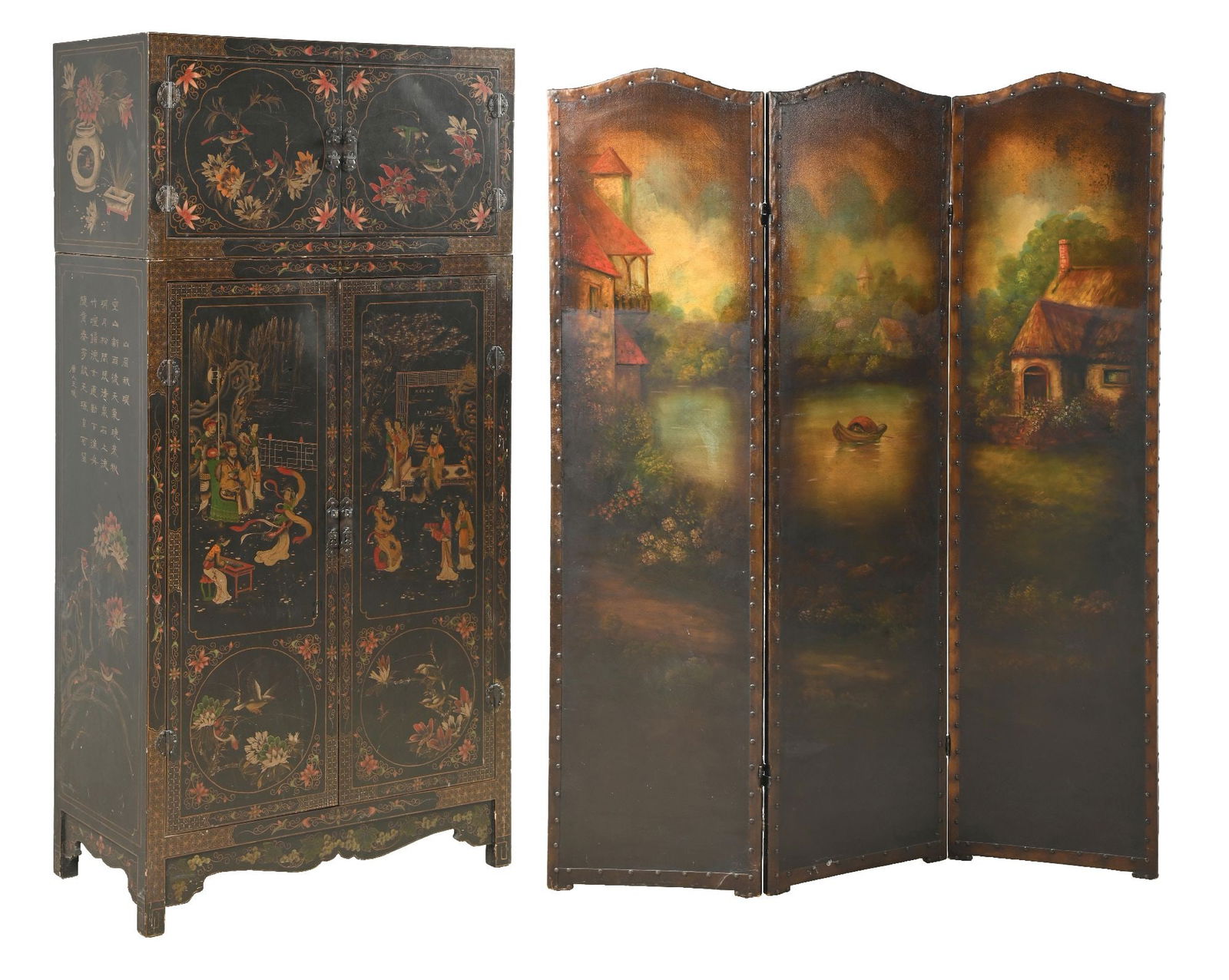 CHINESE LACQUER CABINET AND THREE PANEL SCREEN (1 of 8)