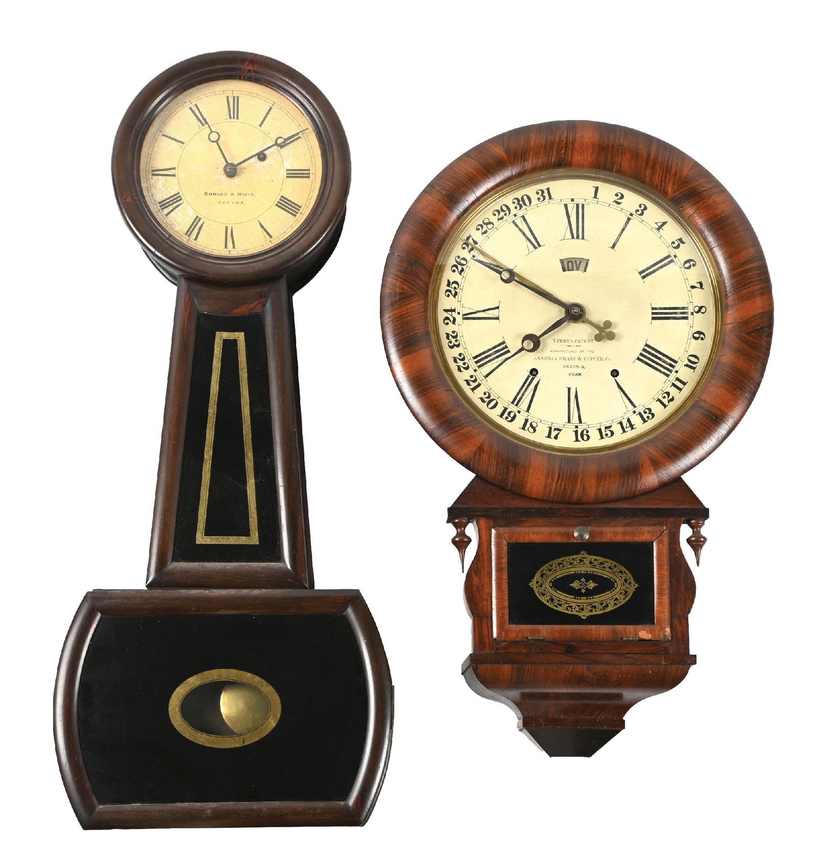 PAIR OF EARLY CLOCKS: ANSONIA BRASS & CO. AND HOWARD & DAVIS WALL CLOCKS (1 of 4)