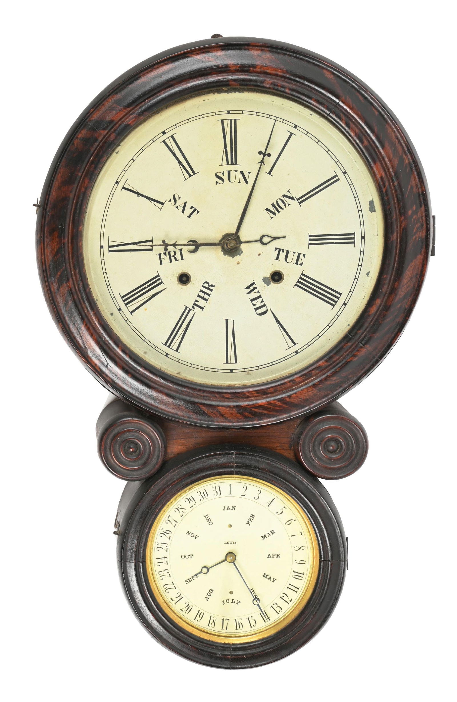 L. F. AND W. W. CARTER, DOUBLE DIAL B. B. LEWIS CALENDAR WALL CLOCK (1 of 3)