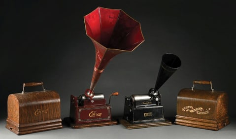 A PAIR OF 2 EDISON CYLINDER PHONOGRAPHS.