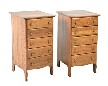 PAIR OF: OAK WOOD 5-DRAWER TALL CYLINDER MUSIC CABINETS