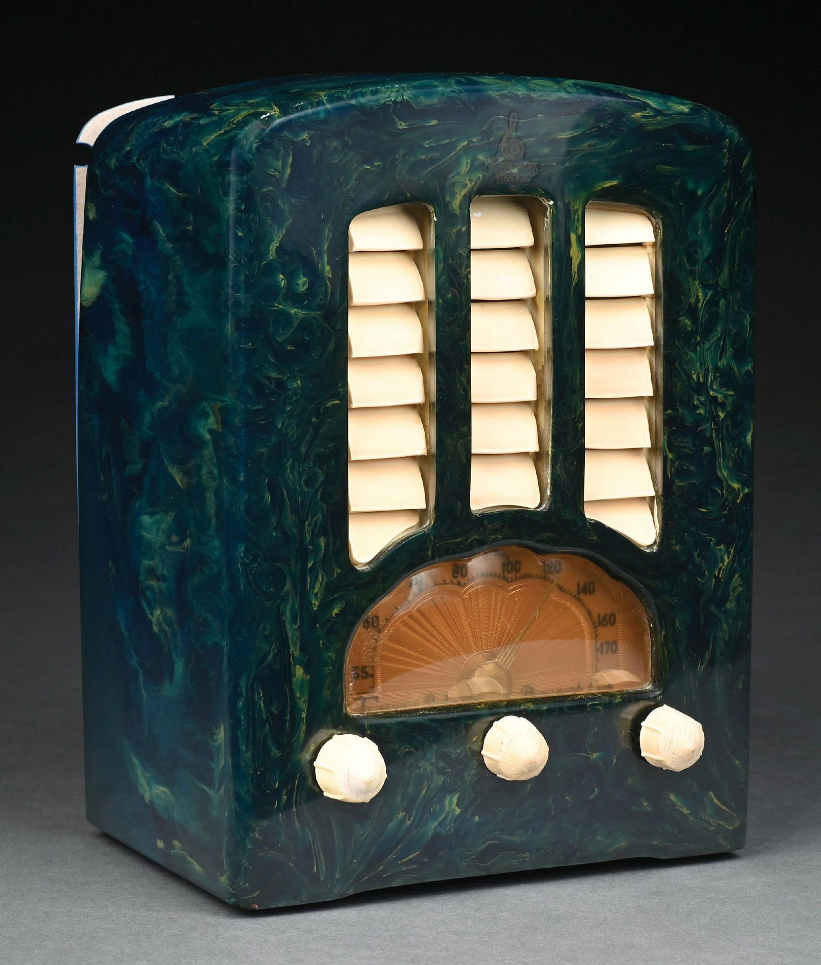 EMERSON BT-245 TOMBSTONE CATALIN RADIO IN MARBLEIZED BLUE WITH IVORY (1 of 6)