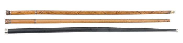 LOT OF 3: DRINKING FLASK CANES AND UKULELE CANE