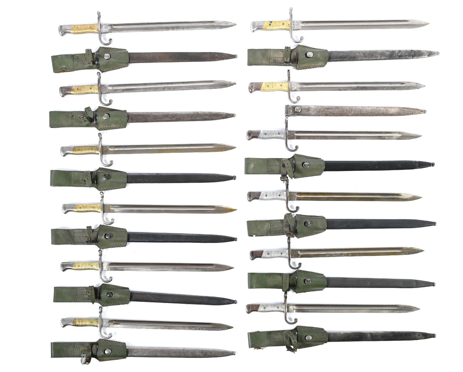 LOT OF 12: ARGENTINE M1891 BAYONETS.: Lot consists of 12 Argentine Model 1891 bayonets. All of the bayonets have metal scabbards and all but one are complete with their green painted leather frogs. Several of the bayonets have matching sc