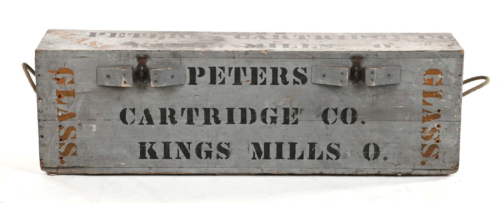 LARGE PETERS CARTRIDGE COMPANY WOODEN CRATE.: This wooden box is painted in a military navy grey and stenciled in black on lid and one side "PETERS CARTRIDGE CO. KINGS MILLS" and is stamped "GLASS". This company was formed in 1887, was bought out