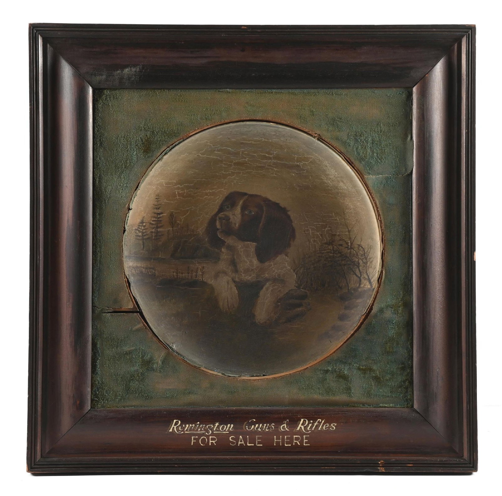 CIRCA 1870'S OIL PORTRAIT OF A DOG WITH A REMINGTON ADVERTISEMENT.: This is a beautiful oil painting of a dog on a convex 18 3/4 heavy board. It wears a massive original walnut frame. The oval is bordered by wood and was then covered in green felt that is deterioratin
