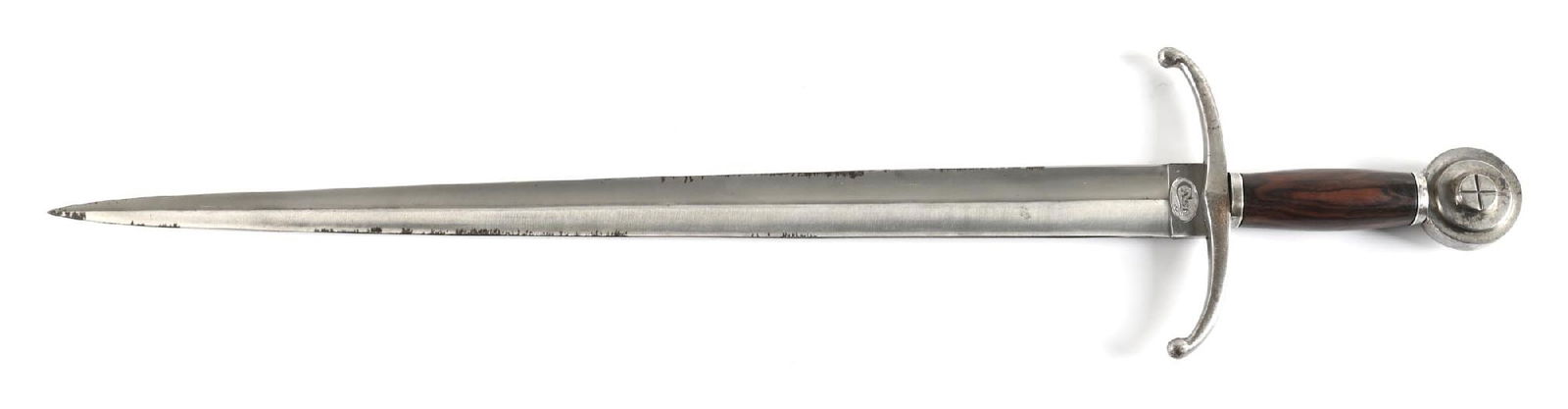 INTERESTING CASE XX LONG SWORD.: 27" double edged blade with great visible cross graining. Obverse ricasso is marked "CASE / XX" and reverse ricasso is marked "XX". Scattered pitting along the edges. Large crossguard with scattered p