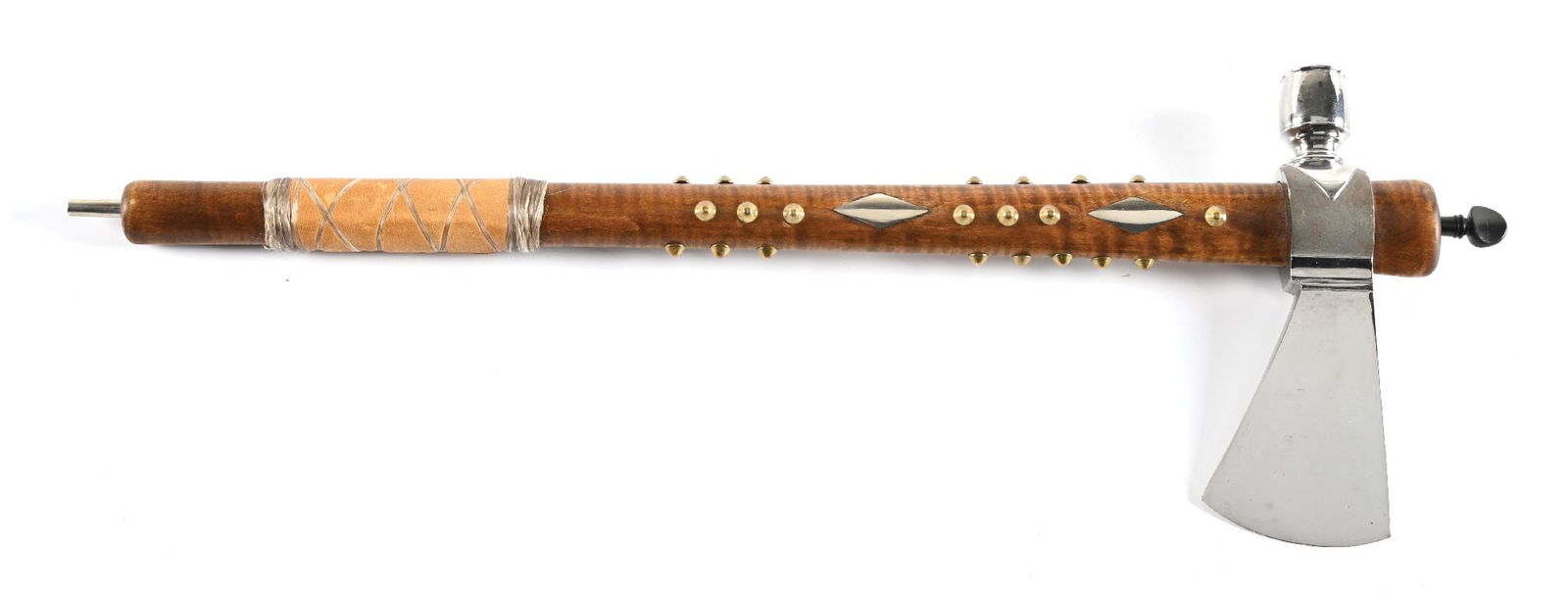 CONTEMPORARY PIPE TOMAHAWK.: Features a mirror polished blade. Maple haft with mirror polished diamond escutcheons and brass tack decorations. Leather grip. No visible signature or maker mark. Measures approximately 19 - 1/2" ove