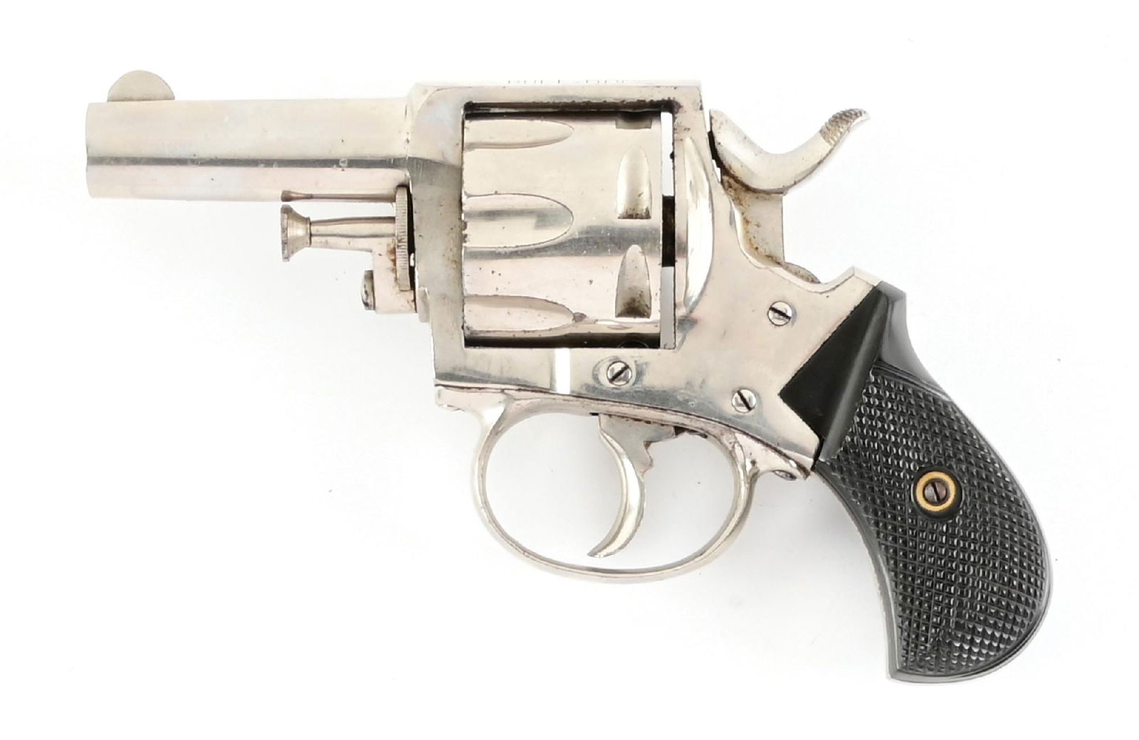 (A) SCARCE SEVEN - SHOT FORHAND & WADSWORTH BRITISH BULLDOG DOUBLE ACTION REVOLVER.: Top of frame stamped BRITISH BULLDOG. It is a seven shot, double action, .32 caliber with factory nickel finish and bird head gutta percha grips. Barrel is stamped FOREHAND AND WADSWORHT. CONDITION: E