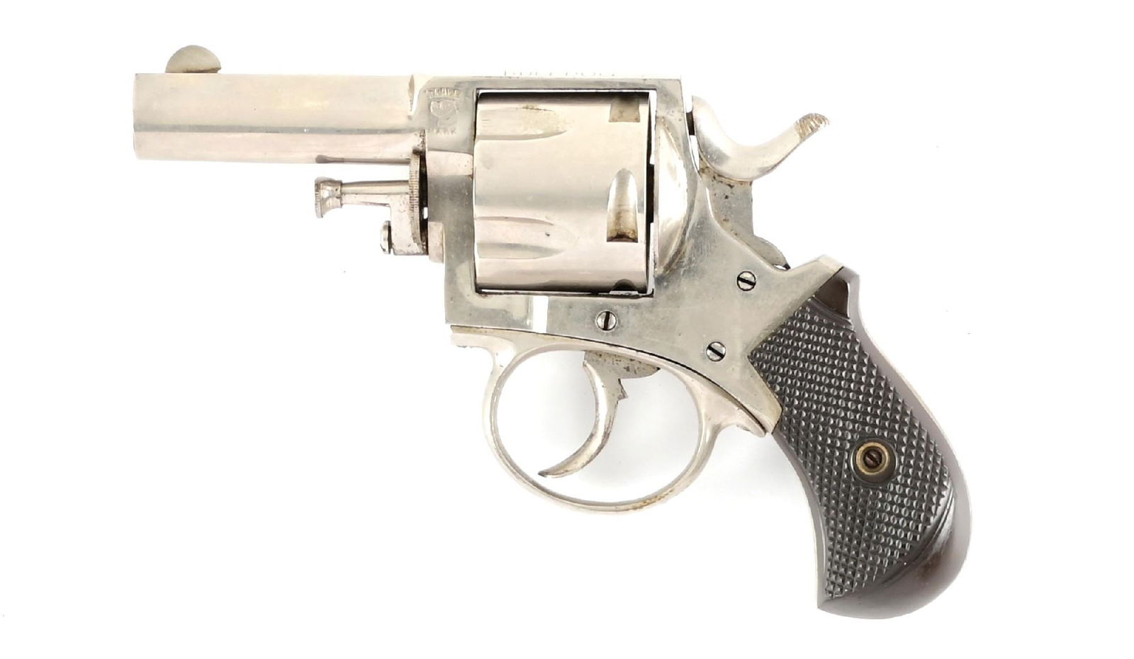 (A) UNFIRED FORHAND & WADSWORTH .44 BRITISH BULLDOG DOUBLE ACTION REVOLVER.: Top of frame stamped BRITISH BULLDOG. Left side of frame shows the bull dog head with TRADE MARK. It is a five shot, double action with factory nickel finish and bird head gutta percha grips. Barrel i