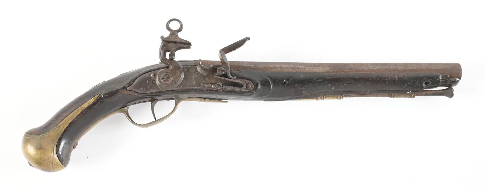 (A) REV WAR ERA SPANISH PATTERN 1753 FLINTLOCK CAVALRY PISTOL WITH ADDED AMERICAN MARKINGS.: The scarce Spanish made pistols saw land and sea service in the Seven Years War, as well as the American Revolution. Flint lock dated "1782" over a "G" at the center at the center with "AMILA" maker c
