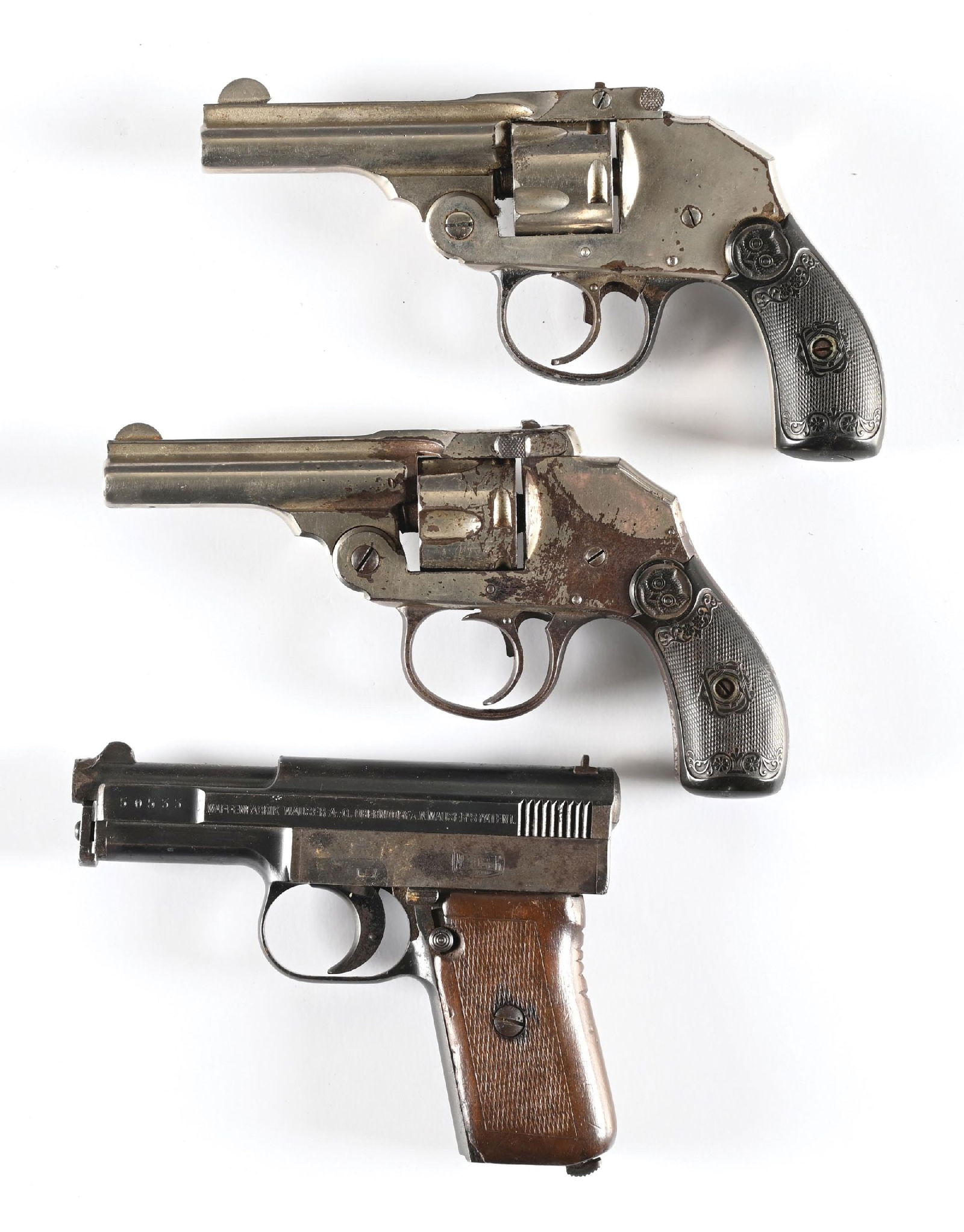 (A+C) LOT OF 3: 2 IVER JOHNSON REVOLVERS AND A DEACTIVATED SIDE LATCH 1910 MAUSER SEMI-AUTOMATIC: A. IVER JOHNSON SAFETY HAMMERLESS. Nickel finish, owls head grips, five shot double action. Comes with a very nice period box. 90% nickel with scattered age spots. Working order. Bore is bright. B. Sa