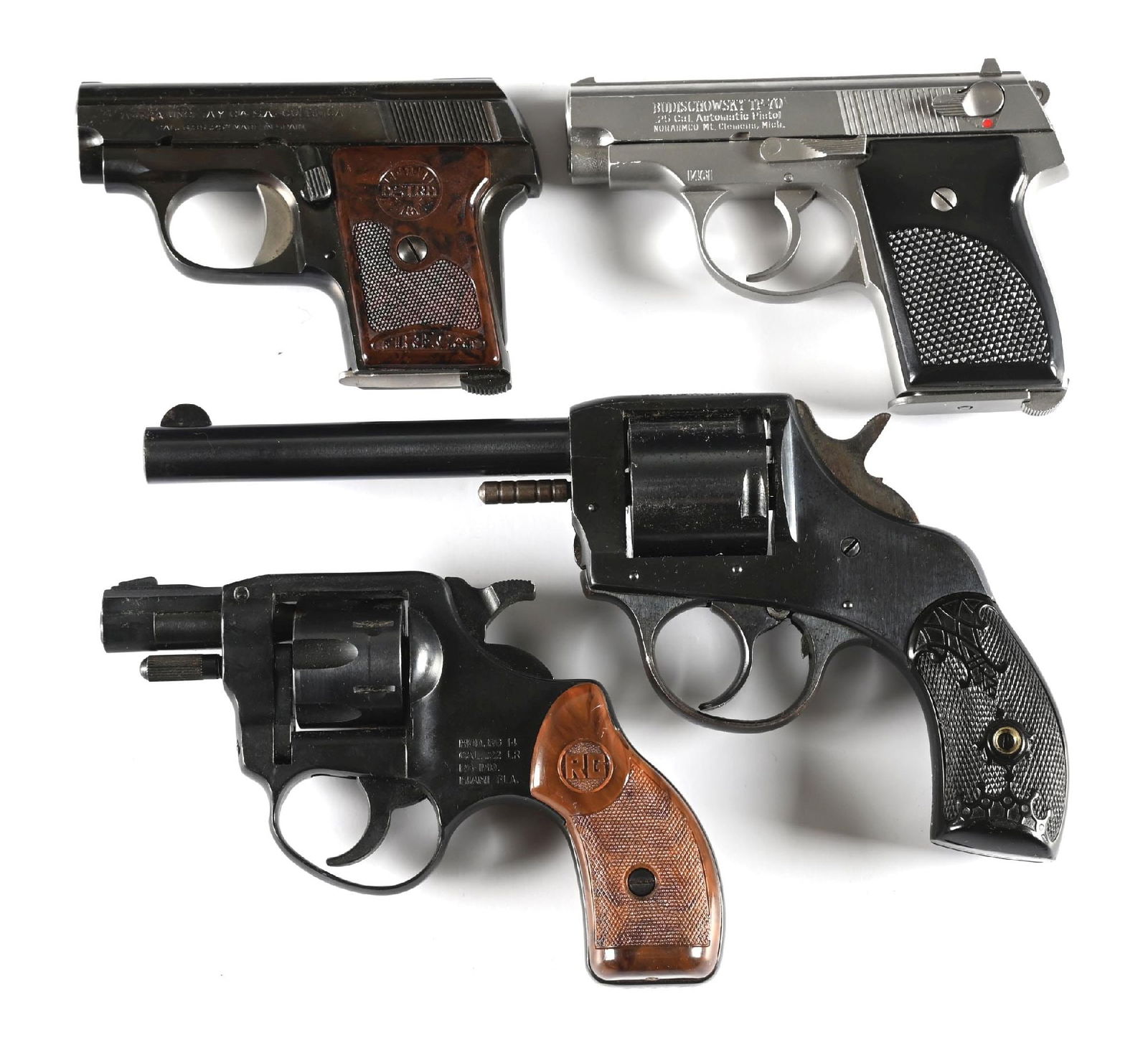 (M) LOT OF 4: 2 SEMI AUTOMATIC PISTOLS AND 2 DOUBLE ACTION REVOLVERS.: A. ASTRA FIRECAT SEMI AUTOMATIC POCKET PISTOL. Circa 1950-60s. Blue finish, monogram brown plastic grips. Comes with three magazines. CONDITION : Excellent. Retains the majority of its blue with nomin