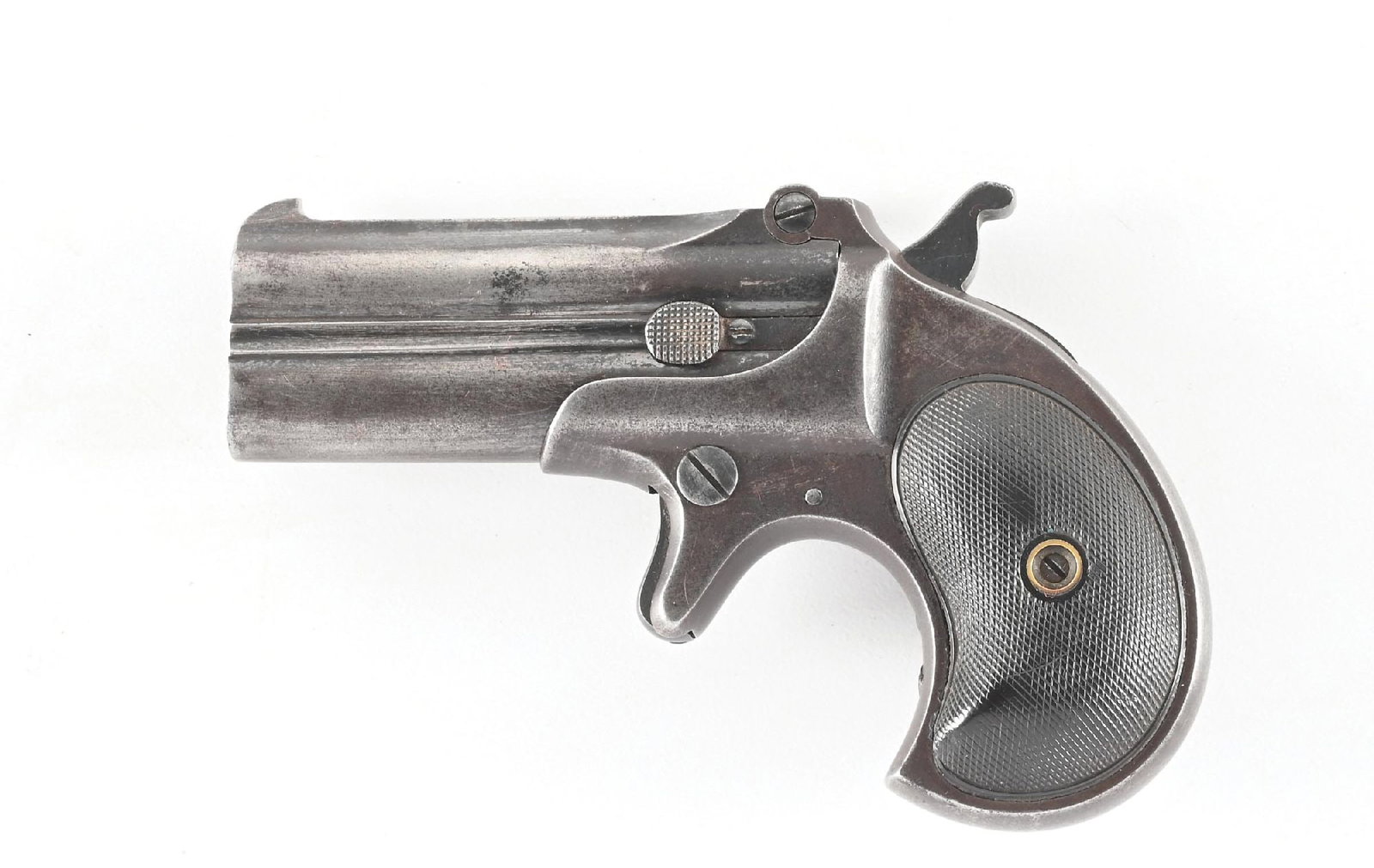 (C) REMINGTON MODEL 95 OVER UNDER 2 SHOT DERRINGER.: This is a type III offered from 1912 through 1935. One line barrel address, blue finish, gutta percha grips. Comes with homemade case and four cartridges. CONDITION: Very good. Basically smooth grey p