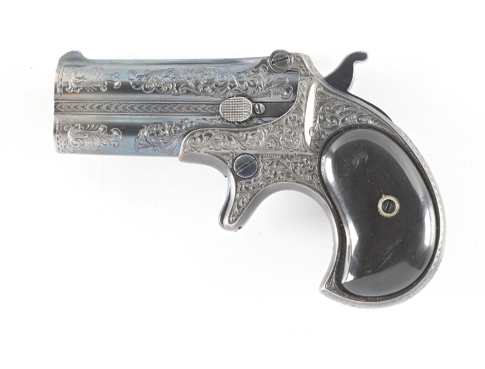 (C) ENGRAVED REMINGTON TYPE 95 .41 RF OVER/UNDER DERRINGER.: Classically configured derringer with darkwood grips, a rerolled "REMINGTON ARMS Co. ILION, N.Y." rib legend, fire blue hammer and trigger, high polish blue on barrels, and case colored frame. Modern