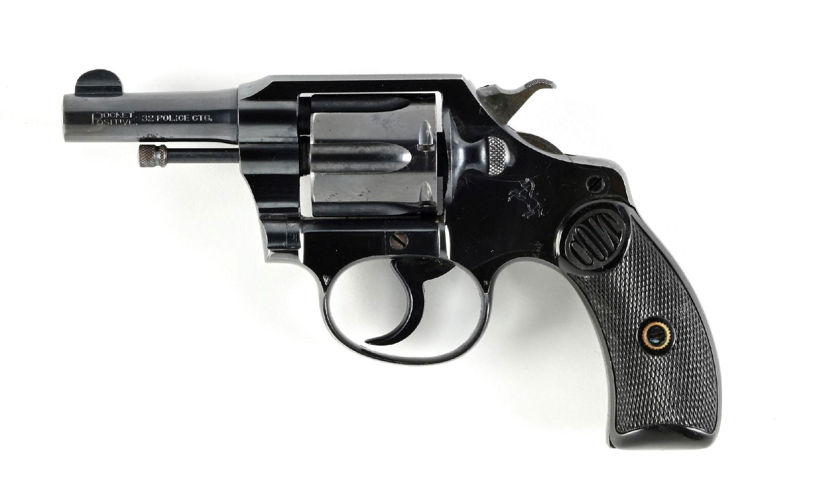 (C) HIGH CONDITION SHORT BARREL COLT POLICE POCKET POSITIVE DOUBLE ACTION REVOLVER.: Dates to 1919. This 2 1/2" pocket model revolver features the blue finish, Colt round butt gutta percha grips, Colt pony on left side of frame, short two line Colt legend on top of barrel, model and c