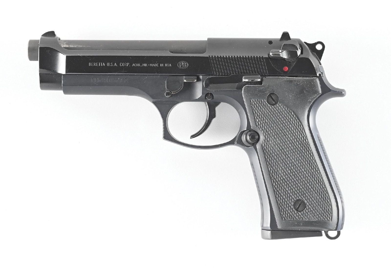 (M) BERETTA MODEL 92 FS SEMI-AUTOMATIC PISTOL.: Standard equipment and features for this model with 3 dot sights and composite grips. CONDITION: Excellent, shiny bore with strong rifling. Barrel Length: 4 - 3/4" Caliber/Bore: 9mm FFL Status: Modern