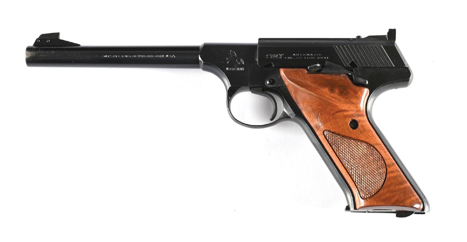 (C) COLT SECOND SERIES SPORT WOODSMAN SEMI-AUTOMATIC TARGET PISTOL.: Dates to 1949. Features blue finish, dovetailed blade on base front sight, an adjustable target rear sight, checkered walnut grips and comes with one Colt marked magazine and four after market extra m