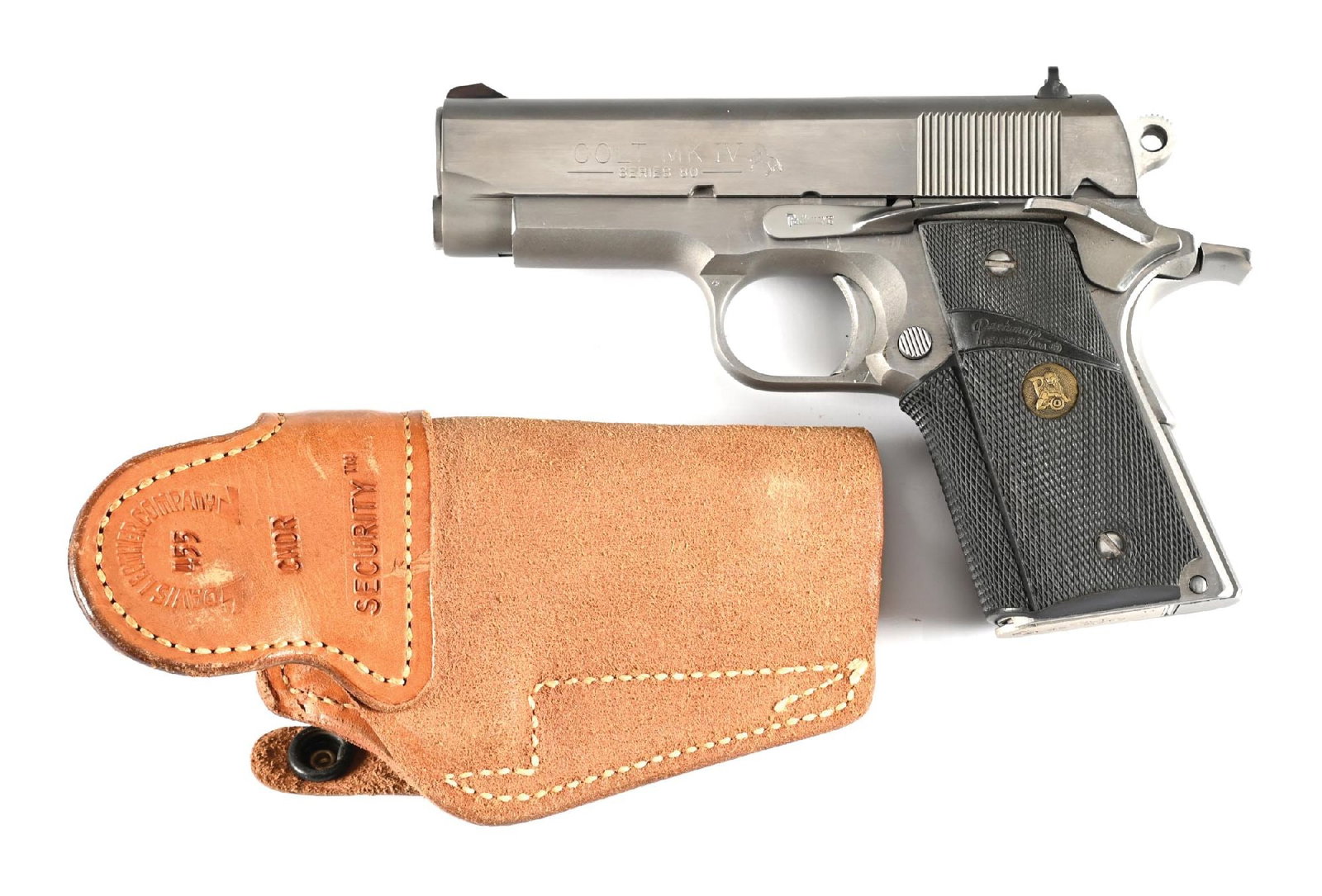 (M) COLT MK IV SERIES 80 OFFICERS MODEL 1911 SEMI-AUTOMATIC PISTOL.: Serrated ramp front sight with a notched rear, Satin stainless finish, lightweight hammer, serrated adjustable trigger, wrap around Pachmyer rubber grips. Comes with 7 total magazines, 2 nylon magazin