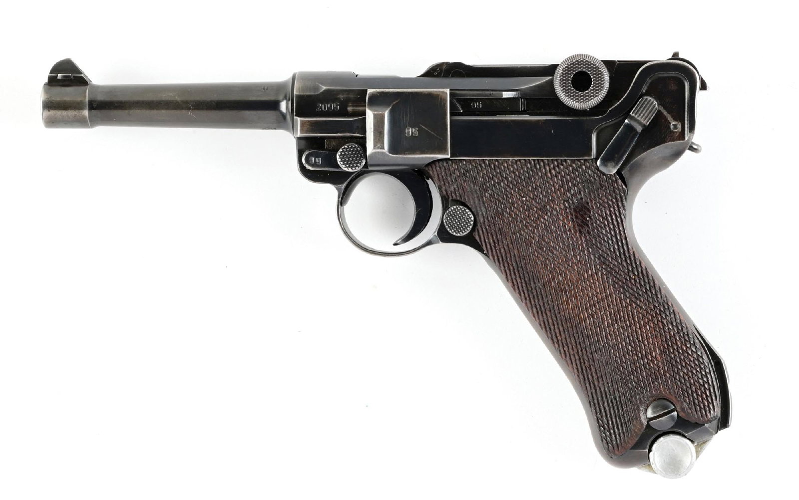 (C) 1939 MAUSER 42 CODE P.08 LUGER SEMI-AUTOMATIC PISTOL.: Dated 1939 over the chamber with a 42 code on the front toggle link. All matching numbers except the magazine. The magazine is number 6260l. The checkered wood grip on the left side has a small chip u