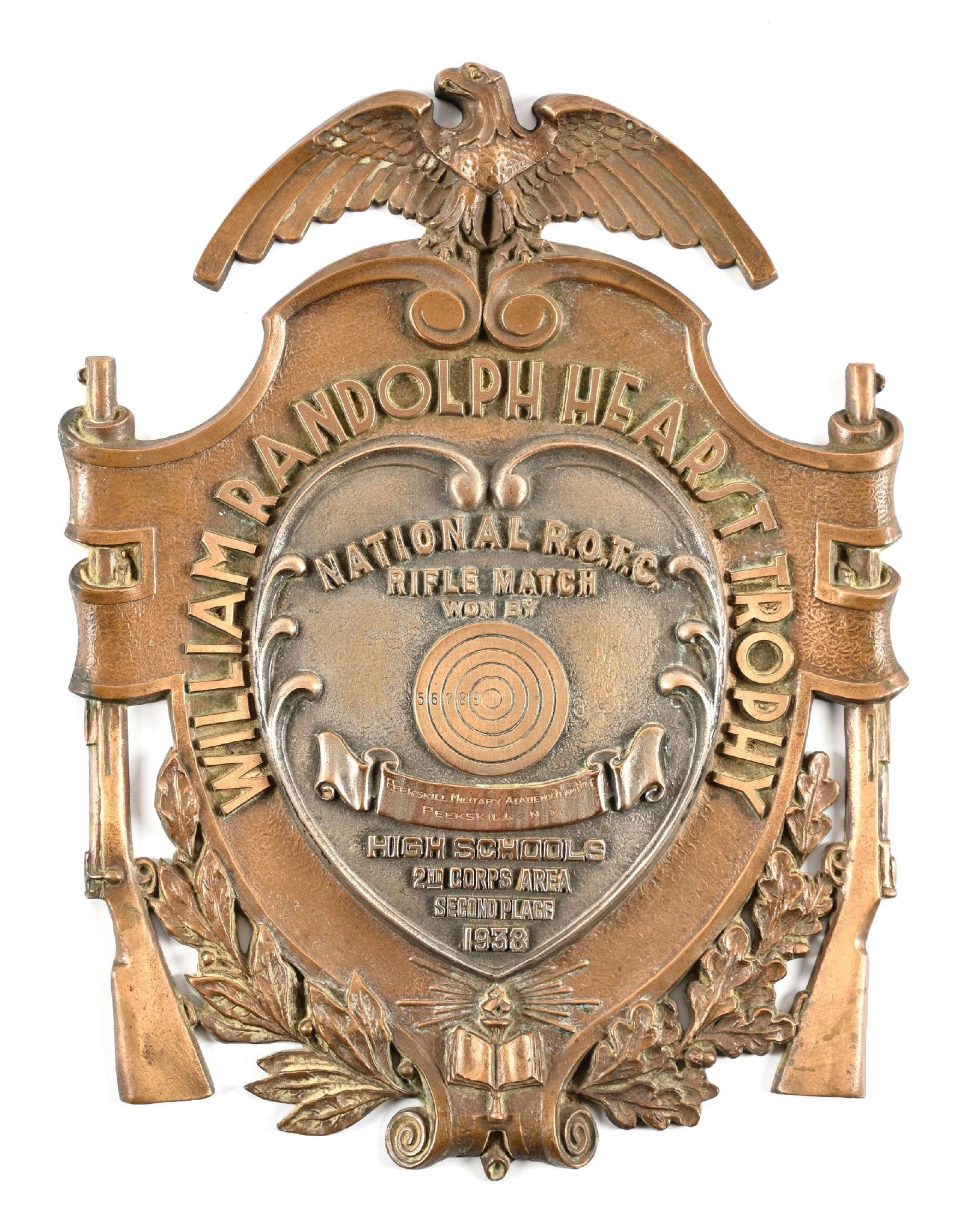 PRE-WWII WILLIAM RANDOLF HEARST NATIONAL ROTC 1938 RIFLE MATCH PLAQUE.: Reads: "William Randolph Hearst Trophy - National R.O.T.C. Rifle Match Won By - Peekskill Military Academy-Team No 1 Peekskill N.Y. - Second Place - High Schools 2nd Corps Area Second Place 1938". Con