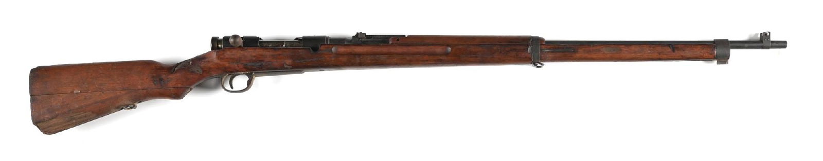 (C) KOISHIKAWA TYPE 38 BOLT ACTION RIFLE WITH INTACT MUM.: Series 12 production at Tokyo. Standard configuration. Stock show is broken with losses, the damage old and very possibly battle damage. No butt plate present. CONDITION: Poor. Some spotting oxidation
