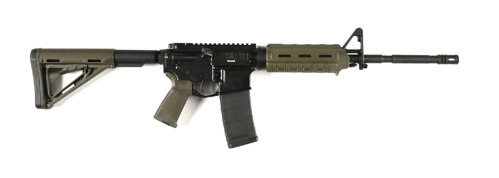 (M) BUSHMASTER XM 15-E2S SEMI-AUTOMATIC AR15 RIFLE.: M4 flash hider, Standard M4 profile 1:9 twist Nitride coated BFI barrel, A2 front sight post with no rear sight installed, unmarked forged flattop upper receiver, Magpul MOE OD green forearm, pistol g
