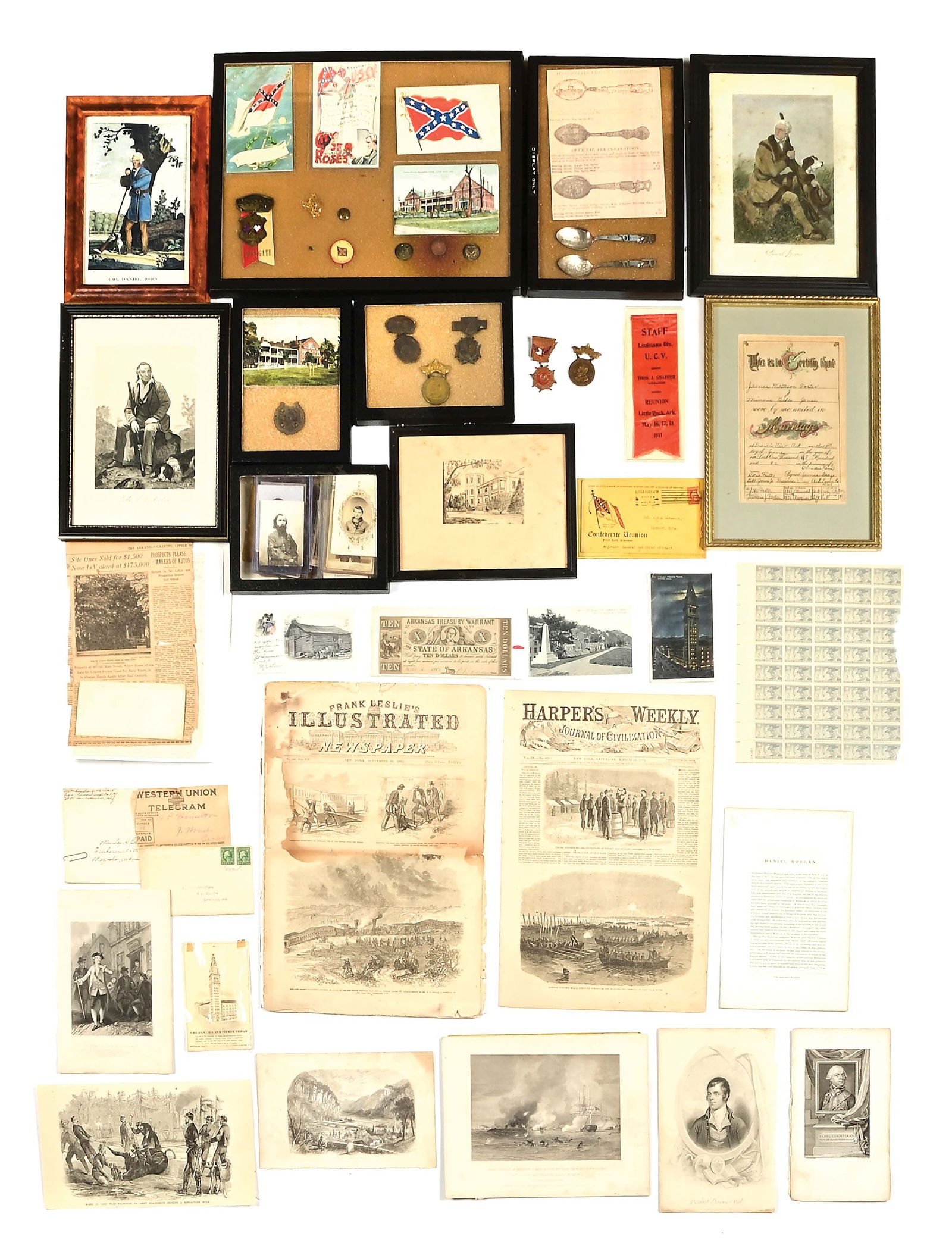 LOT OF US CIVIL WAR MEDALS AND EPHEMERA.: Large lot consisting of Civil War veteran medals and ephemera, mostly relating to the state of Arkansas. There are medals, ribbons, invitations, a riker mount of CDVs that depict several Union and Con