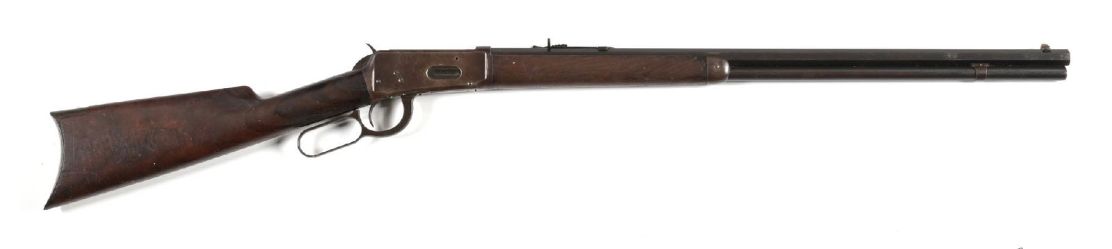 (C) WINCHESTER MODEL 1894 LEVER ACTION RIFLE (1901).: Produced in 1901. Standard features. CONDITION: Very Good. Frame is a lightly textured brown patina. Barrel and tube retain about 85-90% blue that is drifting and bleed through patina with a legible t