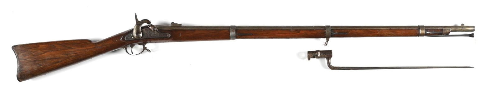 (A) NORFOLK MODEL 1861 CONTRACT PERCUSSION RIFLE MUSKET WITH BAYONET.: Welch, Brown & Co. produced approximately 18,000 M1861 contract muskets circa 1862-1863, this example dated 1863 on lock and breech. Gun remains in standard configuration and is equipped with a socket
