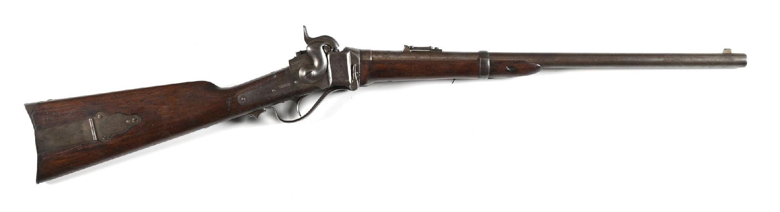 (A) SHARPS NEW MODEL 1859 PERCUSSION CARBINE.: Early Civil War manufacture in standard configuration with blade front sight, 800 yard ladder rear, percussion falling block action, and walnut stocks with iron mounts including saddle ring and patch