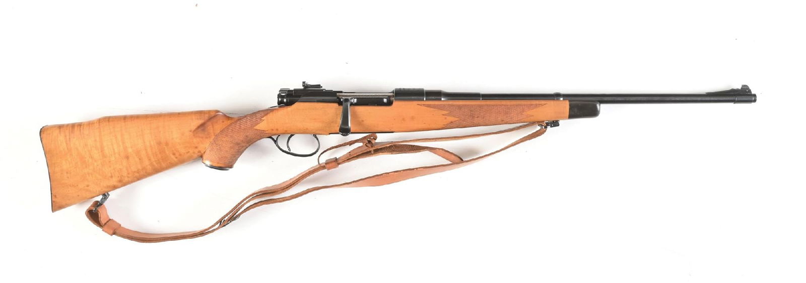 (C) CUSTOM STEYR MANNLICHER SCHOENAUER MODEL 1925 HIGH VELOCITY BOLT ACTION CARBINE: Receiver has a proof date of "29". The barrel has been professionally shortened and reblued, fitted with a ramped Marbles No. 11 front sight. Receiver mounted with a Lyman aperture. Non matching knife