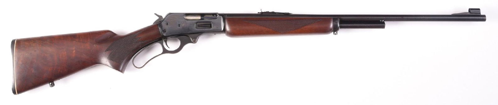(C) DELUXE MARLIN MODEL 336 A DL LEVER ACTION RIFLE.: H code dates to 1951. This early deluxe features the walnut hand checkered pistol grip stock with black Marlin butt plate, matching forearm, sling eyes and missing the bulls eye. The round barrel feat