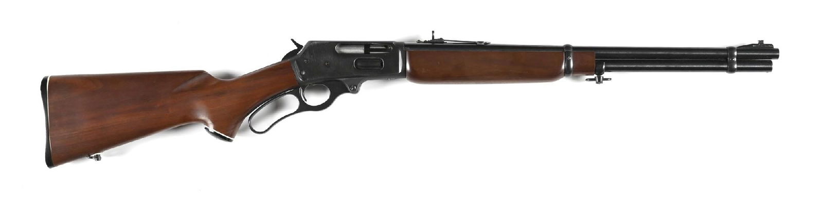 (C) MARLIN 336RC LEVER ACTION .30-30 CARBINE.: Manufactured in 1959. Blued carbine barrel with ramped gold bead blade front sight and Marbles buckhorn rear. Heavy carbine forend with barrel band. Walnut stock with capped grip and checkered plastic