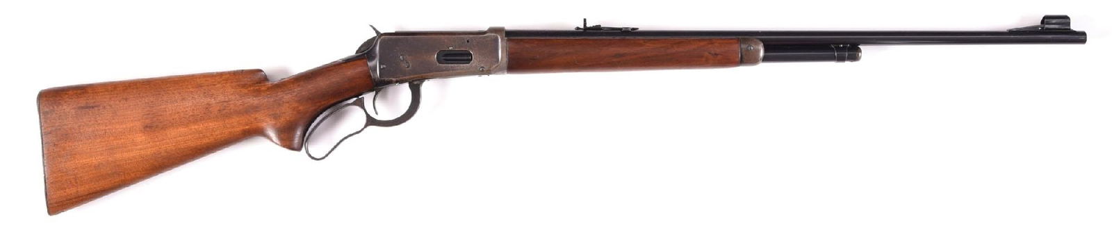 (C) SCARCE PRE-WAR WINCHESTER 25-35 MODEL 64 LEVER ACTION RIFLE.: Dates to 1938. The 25-35 in this Model is by far the hardest to find and the lowest production. Standard features include the round barrel, half magazine, hooded ramp front sight, a Marbles semi buckh
