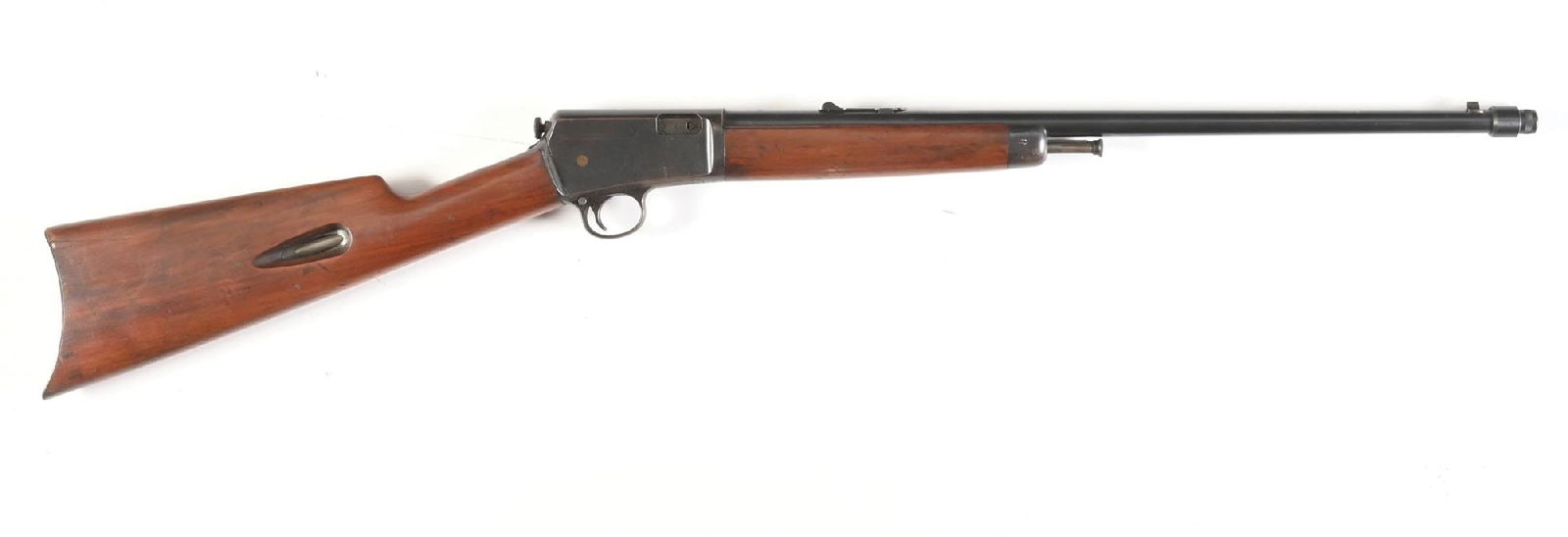 (C) SILENCER 7 THREADED WINCHESTER MODEL 03 SEMI-AUTOMATIC RIFLE.: Dates to 1908. This is a standard rifle with exception to the threaded barrel and cap intended for a silencer. Blue finish, dovetailed front sight, correct Winchester sporting rear sight, walnut stock