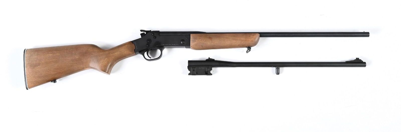 (M) ROSSI 2 BARREL SINGLE SHOT RIFLE.: Made in Brazil. The frame is blued. Stock is a pistol grip smooth satin finished walnut with a black polymer butt pad and a matching forearm. Both single-shot barrels are matte blued .410 barrel has a