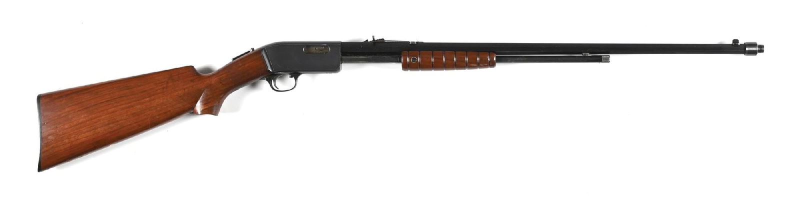 (C) MARLIN MODEL 38 SLIDE ACTION RIFLE.: This scarce rifle was offered from 1921 through 1929. Features a full octagon barrel, 2/3 magazine, dovetailed front sight, flat top rear sight, a maxim threaded muzzle, top tang safety, a plain walnu