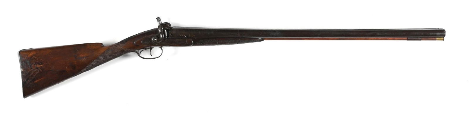(A) HENRY SEARS AND CO. 10 GAUGE DOUBLE BARREL PERCUSSION SHOTGUN.: Early black power percussion 10 bore shotgun. Makers legends on top flat and lock. One piece walnut stock with checkered wrist. CONDITION: Good. All metal is patina with some staining. Both hammers an