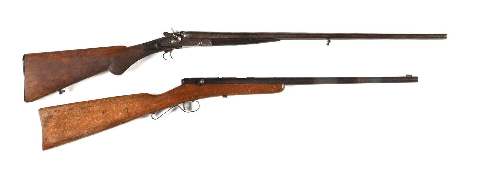 (A) LOT OF 2: MCARMEN BROTHERS SIDE BY SIDE AND A C.J. HAMILTON .22 BOYS RIFLE: Lot consists of (A) Damascus barrels, sidelock, exposed hammers, double triggers, checkered stock with round knob, splinter forearm, and swivels. Missing trigger guard. (B) Hamilton with walnut stock,